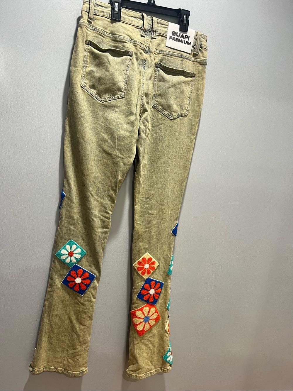 GUAPI Vintage Flowers Denim Stacked Jeans Men’s Size 34 Khaki Patchwork Flared - Picture 13 of 16